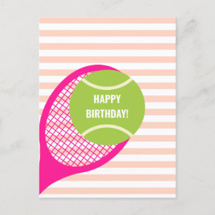 Modern Green Tennis Ball Pink Birthday Postcard
