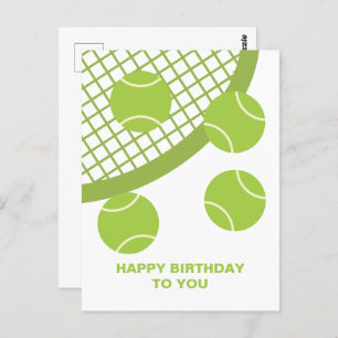Modern Green Tennis Ball Racket Happy Birthday Postcard