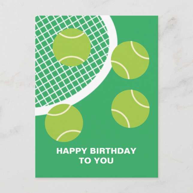 Modern Green Tennis Ball Racket Happy Birthday Postcard (Front)