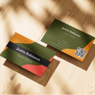Modern green terracotta business card with QR