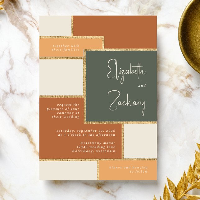 Modern Green Terracotta Peach Cream Gold Wedding Invitation (A unique choice for a modern earth tones and gold wedding palette.)