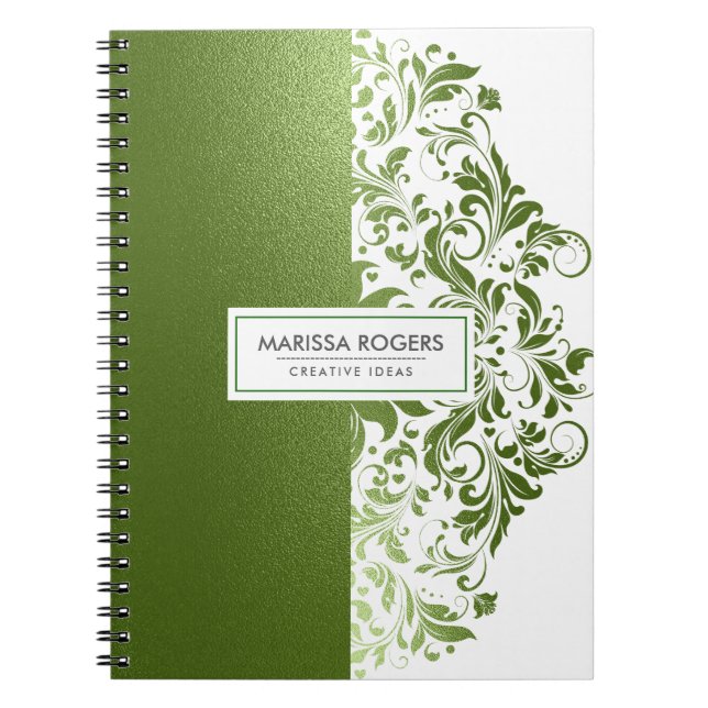 Modern Green Texture & Swirls On White Notebook (Front)