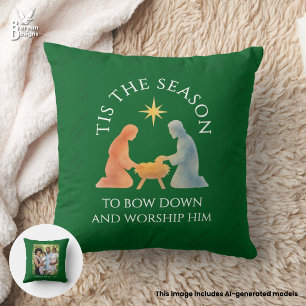 Modern Green TIS THE SEASON Family Photo Christmas Cushion