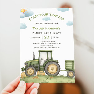 Modern Green Tractor 1st Birthday Party Invitation