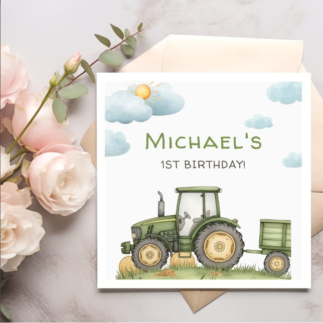 Modern Green Tractor 1st Birthday Party Napkin (Creator Uploaded)