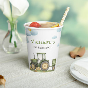 Modern Green Tractor 1st Birthday Party Paper Cups