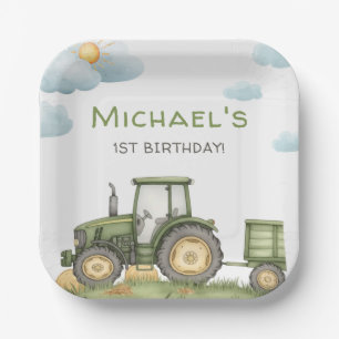 Modern Green Tractor 1st Birthday Party Paper Plate