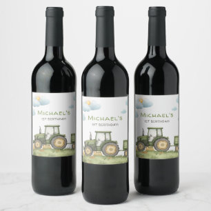 Modern Green Tractor 1st Birthday Party Wine Label