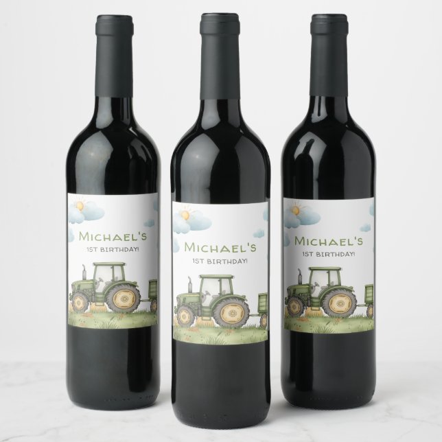 Modern Green Tractor 1st Birthday Party Wine Label (Bottles)