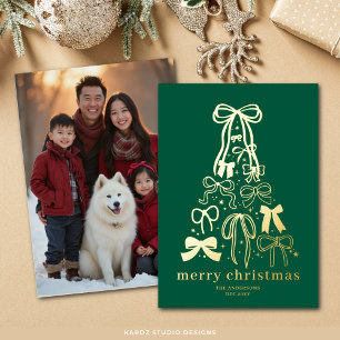 Modern Green Tree Christmas Photo Gold Foil Card