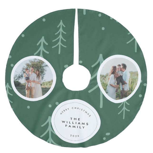 Modern Green Tree Family Photo Holiday  Brushed Polyester Tree Skirt (Front)