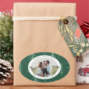 Modern Green Tree Family Photo Holiday Oval Sticker