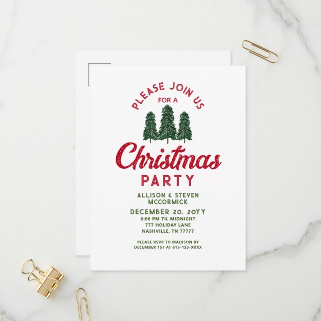 Modern Green Trees Red Christmas Party Invitation Postcard (Front/Back In Situ)