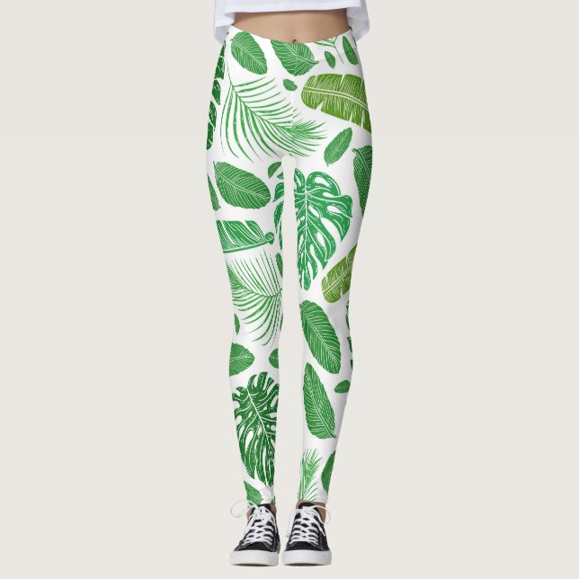 Modern Green Tropical Leafs Pattern Leggings (Front)