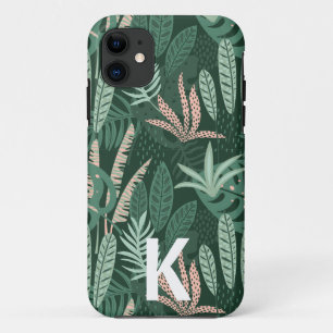 Modern Green Tropical Leaves Pattern Monogram Case-Mate iPhone Case