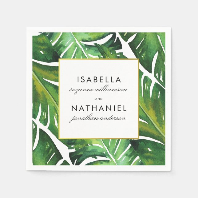 Modern Green Tropical Leaves Wedding Napkin (Front)
