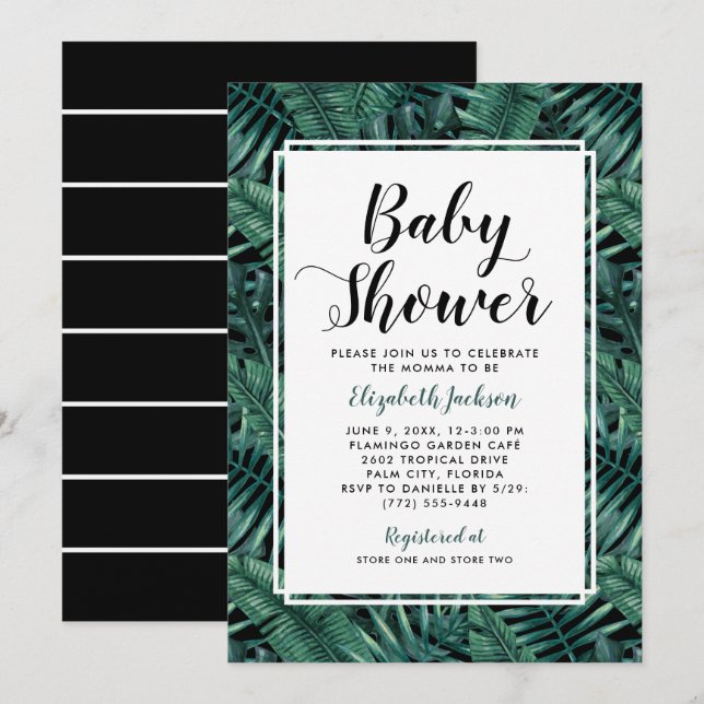 Modern Green Tropical Palm Leaves Baby Shower Invitation (Front/Back)