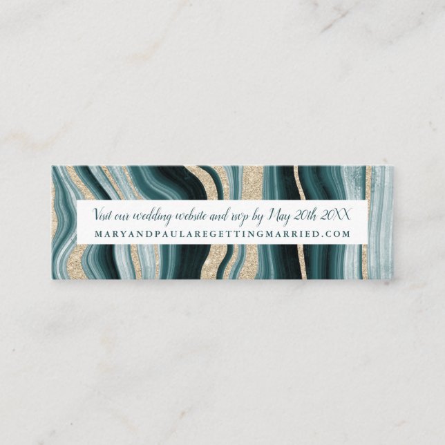 Modern green turquoise agate marble wedding detail mini business card (Front)