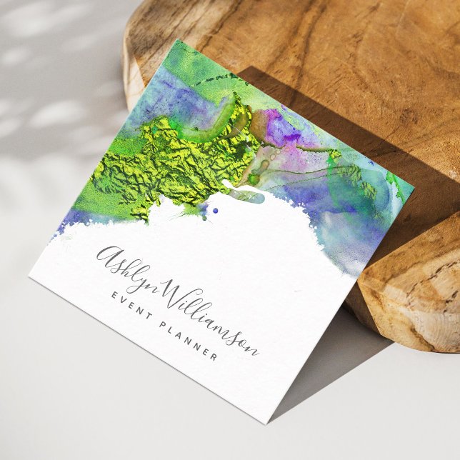 Modern green turquoise blue watercolor splatter square business card (Creator Uploaded)
