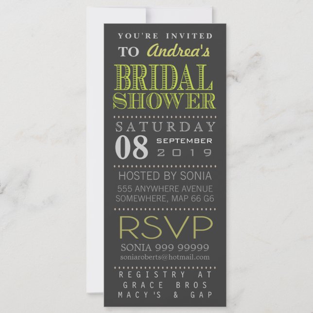 Modern Green Typography Bridal Shower Long Invitation (Front)