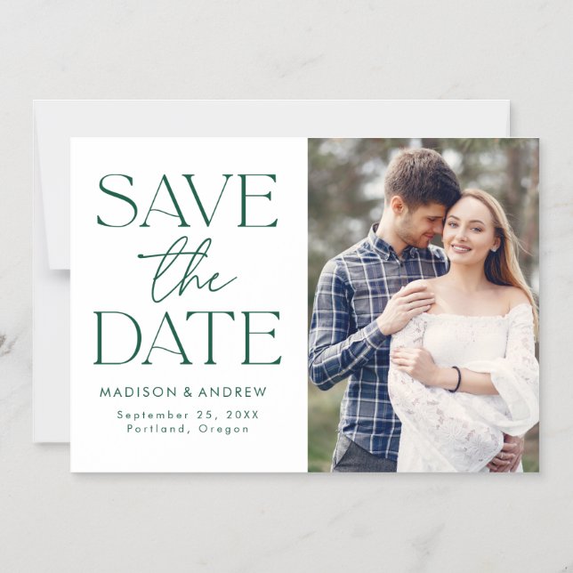 Modern Green Typography Photo Save the Date Magnetic Invitation (Front)