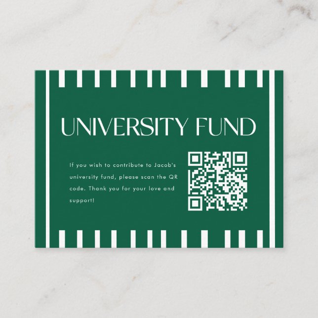 Modern Green University Fund QR Code Graduation Enclosure Card (Front)