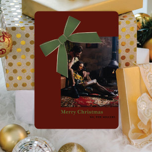 Modern Green Velvet Bow Photo Christmas Card