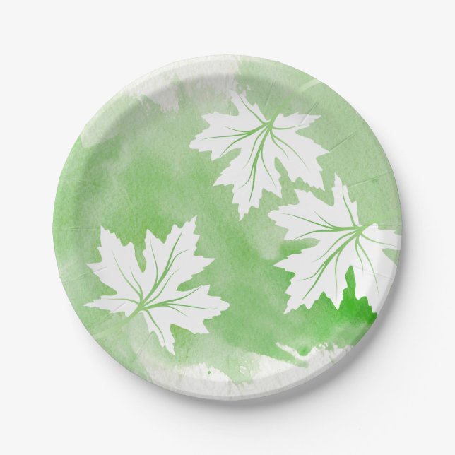 Modern green watercolor and maple leaves paper plate (Front)