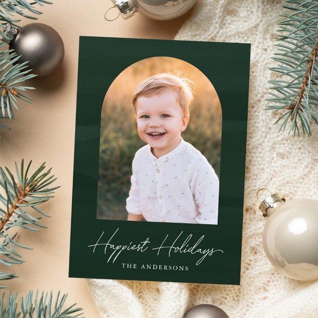 Modern Green Watercolor Arch Photo Holiday Card (Creator Uploaded)