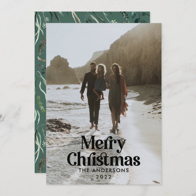  Modern green watercolor botanical typography Holiday Card (Front/Back)