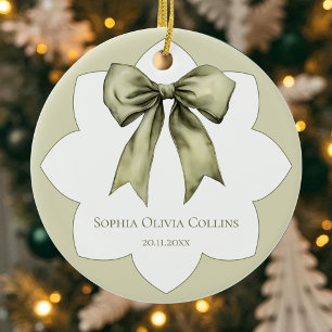 Modern Green Watercolor Bow Personalized Baby Name Ceramic Tree Decoration
