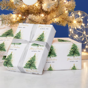 Modern Green Watercolor Christmas Pine Tree Wrapping Paper