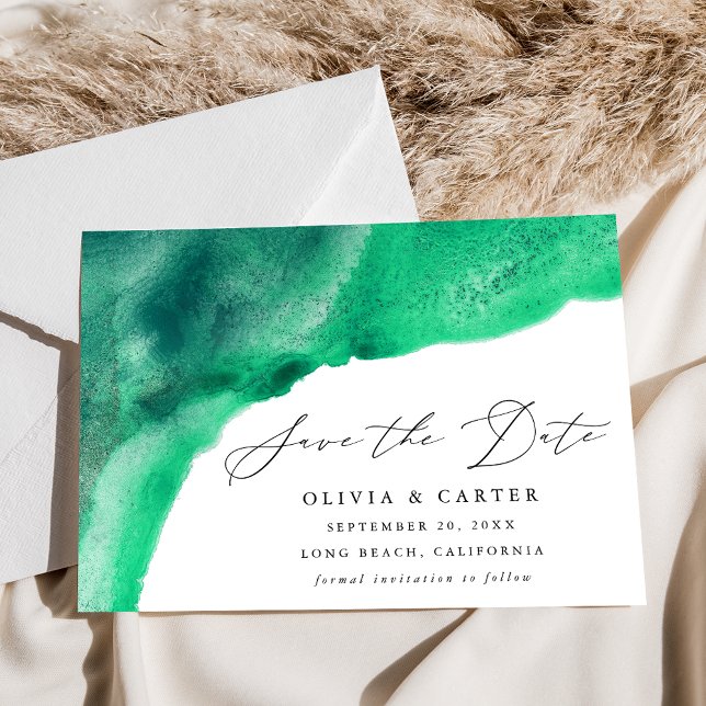 Modern Green Watercolor Waves Save The Date (Creator Uploaded)