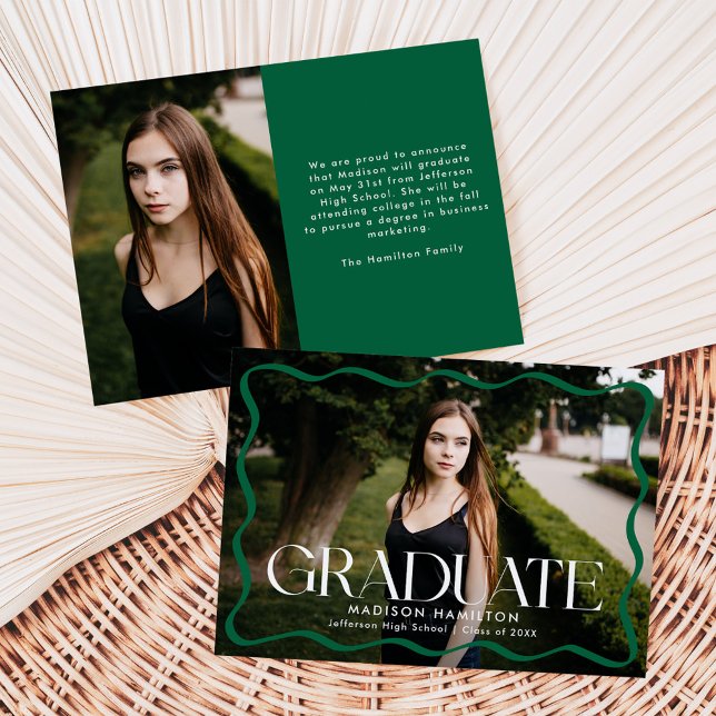 Modern Green Wavy Frame Graduate Photo Graduation Announcement (Creator Uploaded)