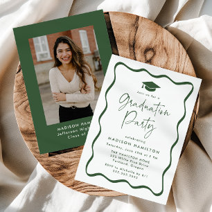 Modern Green Wavy Frame Photo Graduation Party Invitation