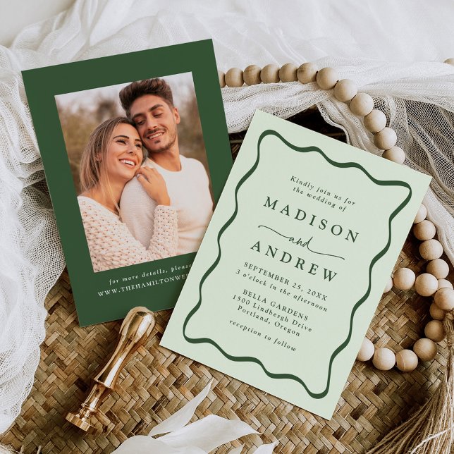 Modern Green Wavy Frame Photo Wedding Invitation (Creator Uploaded)