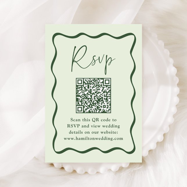Modern Green Wavy Frame QR Code Wedding RSVP Enclosure Card (Creator Uploaded)