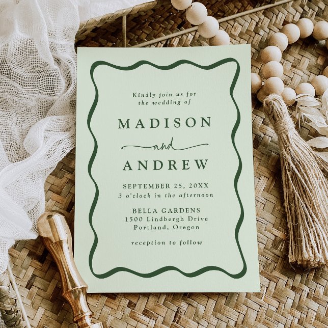 Modern Green Wavy Frame Wedding Invitation (Creator Uploaded)