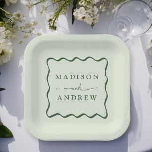 Modern Green Wavy Frame Wedding Paper Plate