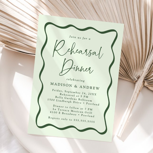 Modern Green Wavy Frame Wedding Rehearsal Dinner Invitation (Creator Uploaded)