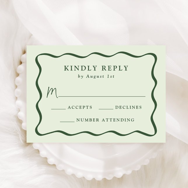 Modern Green Wavy Frame Wedding RSVP Card (Creator Uploaded)