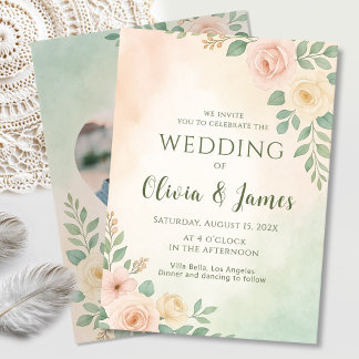 Modern Green Wedding Design with Photo and Heart Invitation