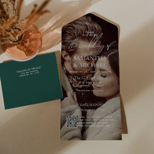 Modern Green Wedding with QR Code RSVP Photo All In One Invitation