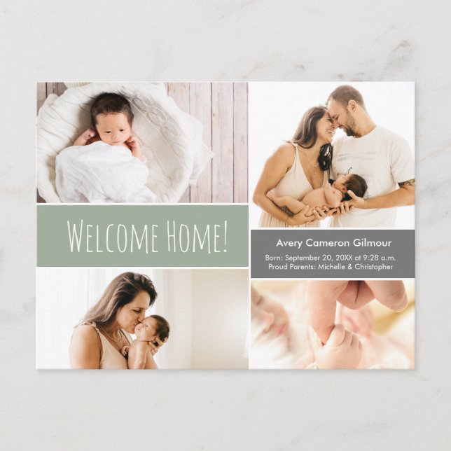 Modern Green Welcome Home Baby boy Photo Collage  Announcement Postcard (Front)