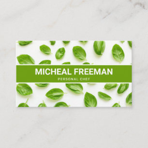 Modern Green & White Basil Pattern Personal Chef Business Card