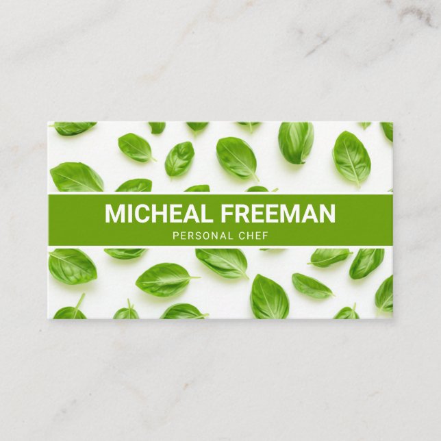 Modern Green & White Basil Pattern Personal Chef Business Card (Front)