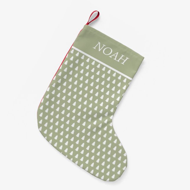 Modern Green White Christmas Tree Pattern Name Small Christmas Stocking (Front (Hanging))