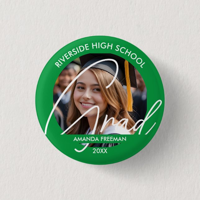 Modern Green & White Customised Graduate Photo 3 Cm Round Badge (Front)