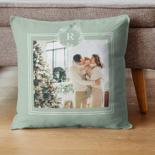 Modern Green & White   Family Photo   Initial Cushion