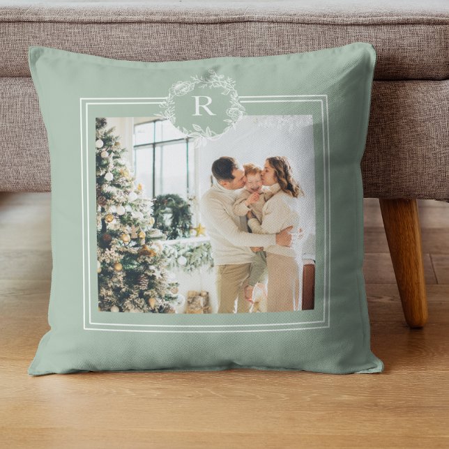 Modern Green & White | Family Photo | Initial Cushion (Creator Uploaded)